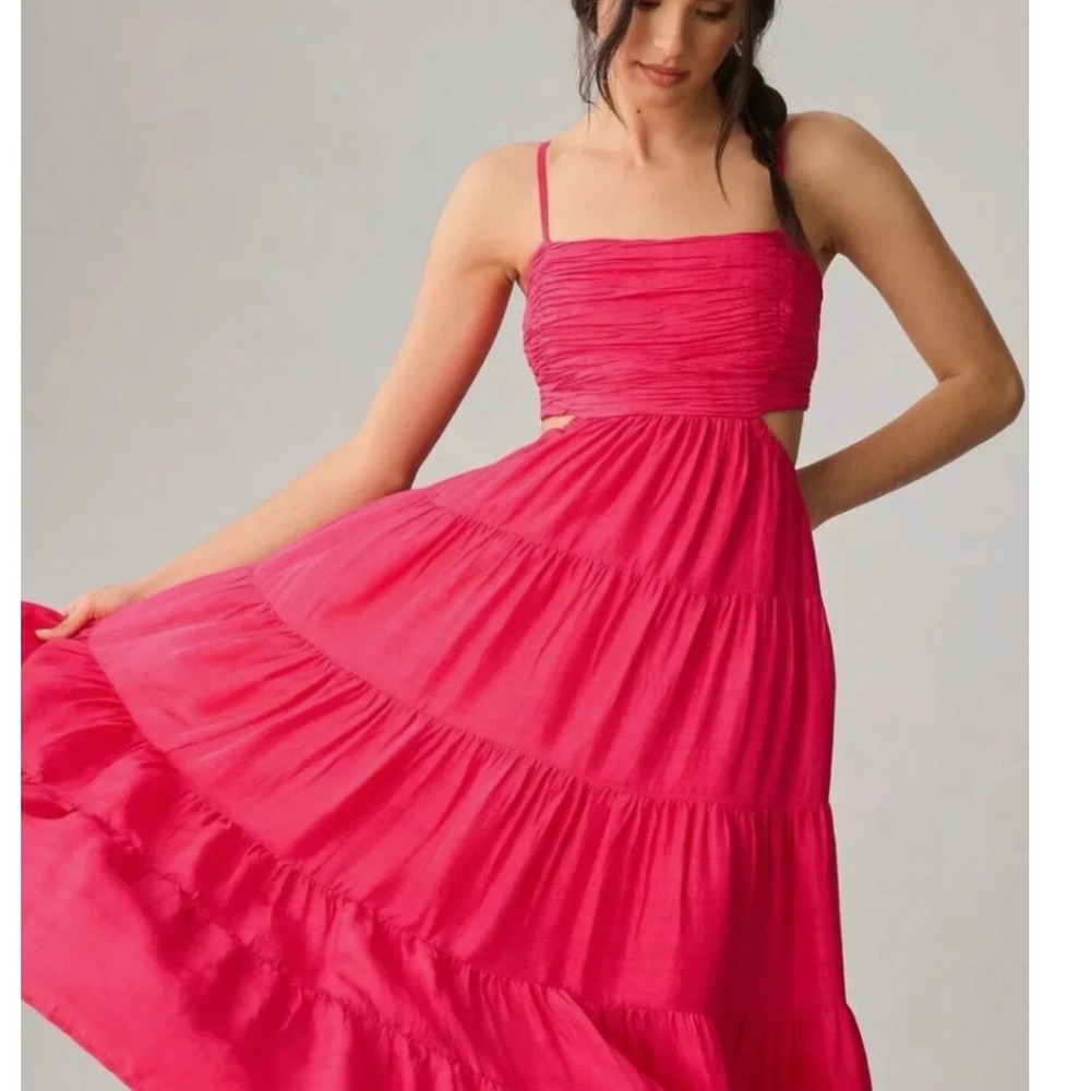 Anthropologie Maxi Dress Women Small Fuchsia NEW Cut-Out Tiered Ruched Boho Pink